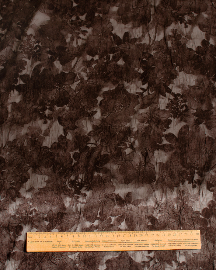 【レース】シワ加工くったり薄手のフロッキープリントレース（ブラウン/フラワー柄）オーダーカット