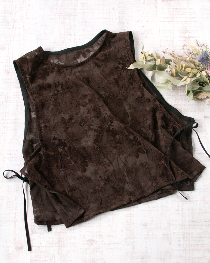 【レース】シワ加工くったり薄手のフロッキープリントレース（ブラウン/フラワー柄）オーダーカット